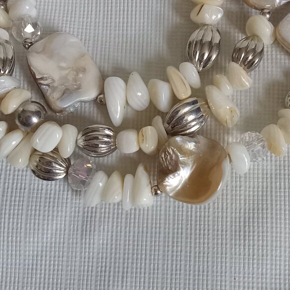 Silver Tone and Off White Mother Of Pearl Assorted Beads Triple Strand Necklace - Picture 6 of 11